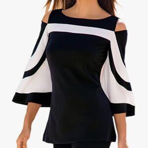 NEW COLOR BLOCK COLD SHOULDER BUTTERFLY ¾ SLEEVES TOP BLACK WHITE